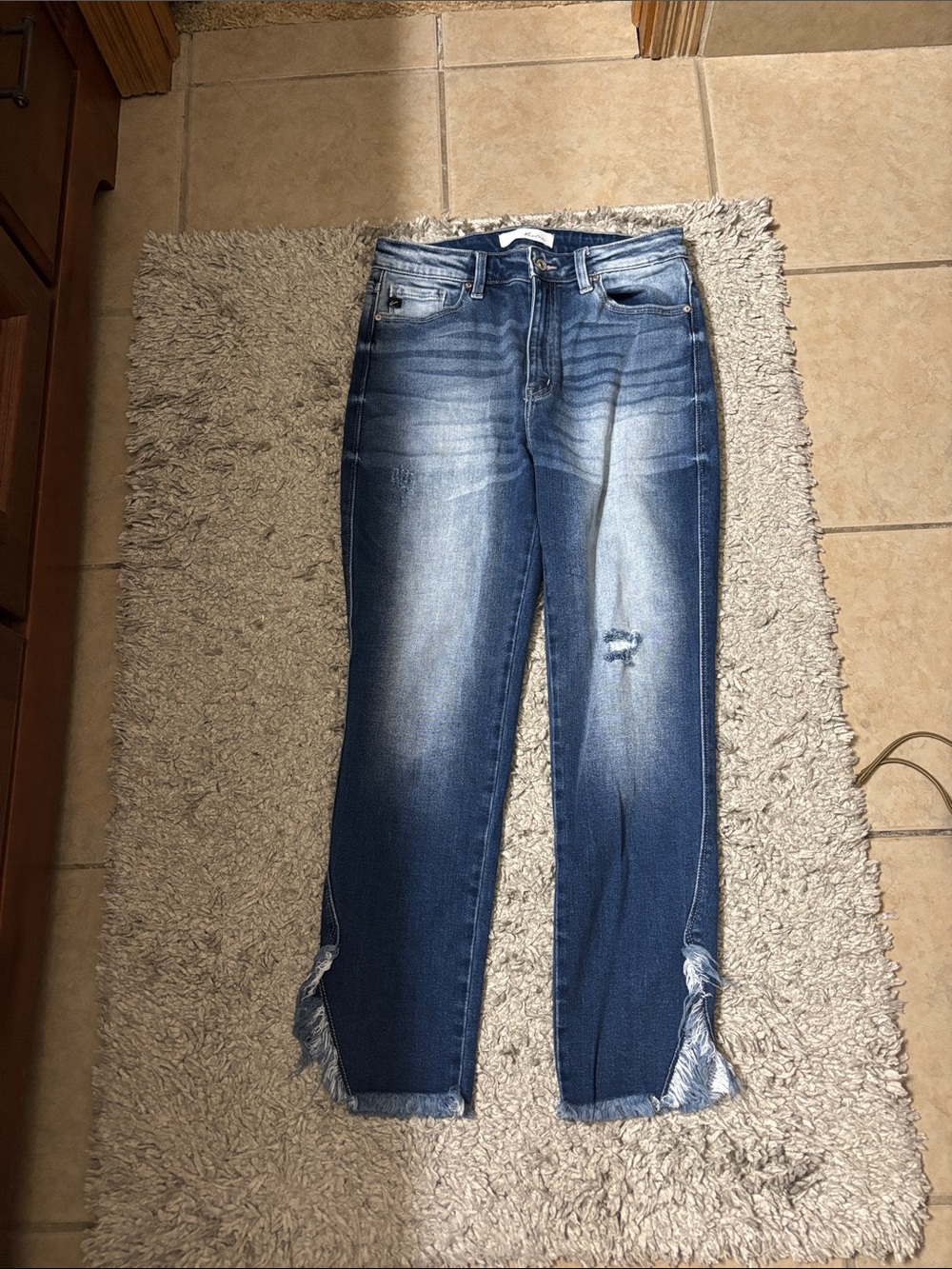 KanCan Dark Blue Distressed Cropped Jeans with Frayed Hem
